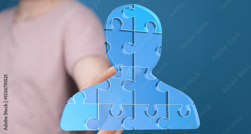 Poster abstract image of a person formed by puzzle pieces. represents teamwork, collaboration, unity.