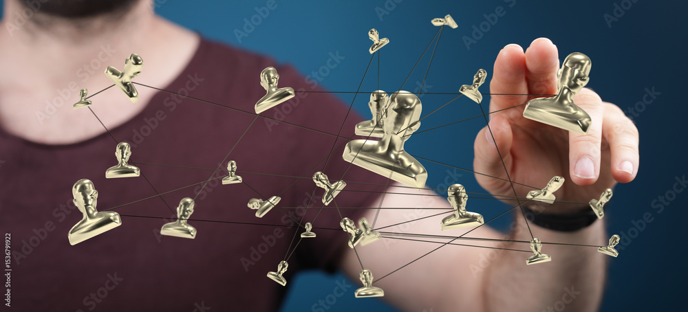 Poster Image of a person interacting with a network of golden profile icons, representing business connections and social networking.