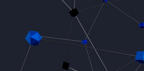 Stock photo of abstract network connection with blue cubes and black nodes. Ideal for technology,...
