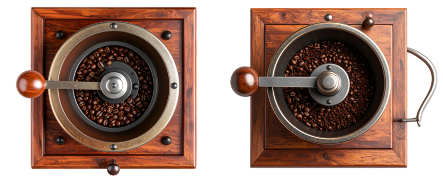 Set of Old-Fashioned Coffee Grinder from Above, Metal Crank, Transparent Background  