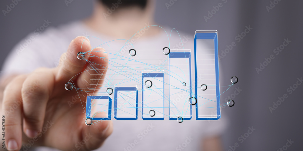 Poster hand interacting with a 3d bar chart showing business growth and data connections.