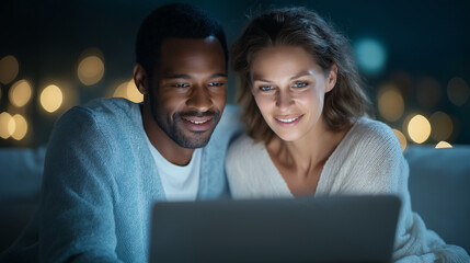 A multiethnic couple using a laptop at home together