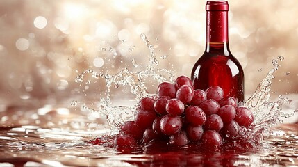 Red wine bottle and grapes in water splash