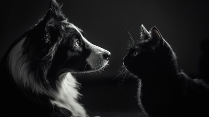 B&W photo of a dog facing a cat, their gaze fixed, conveying curiousity & tension