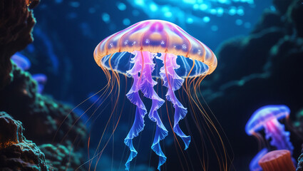 Ethereal Digital Art of Underwater Bioluminescent Forest Scene

