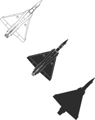 Set of French combat aircraft Mirage, top view icon in three versions, line, isolation, silhouette in black.