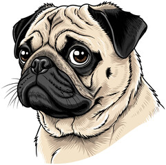 Image of a pug in portrait style, illustration of a pug breed dog with beautiful eyes.
