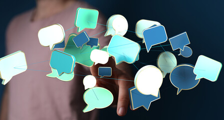 Network of speech bubbles symbolizes online communication, social media, and digital interaction.