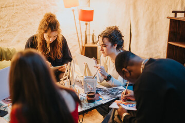 Participants are engrossed in a creative painting session, fostering artistic skills and collaboration. Warm atmosphere enhances the focus and enjoyment of the group involved in this hands-on project.