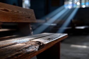 This image captures soft rays of sunlight filtering through a stained glass window, illuminating a rustic wooden bench in an abandoned church setting.