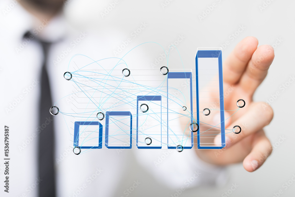 Poster stock photo of a hand interacting with a 3d bar chart, illustrating data analysis and business growt