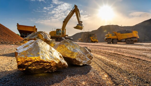 rough thulium ore chunks with metallic sheen in a mining site heavy machinery in background