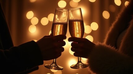 background glasses clinking blurred Two golden champagne Celebration Couple hands lights wine holidays concept winter silhouette christmas festive man date woman champaign light anniversary toast