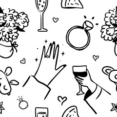 Whimsical bachelorette party seamless pattern tile, girls night party hand drawn line art