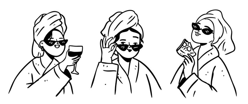 Bachelorette and bridesmaids clipart, girls night party hand drawn outline - Powered by Adobe