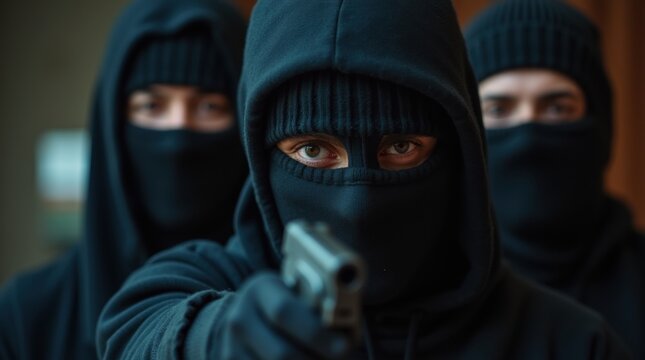 Masked criminals holding a gun exude threat and intimidation, hinting at illegal activities and potential violence
