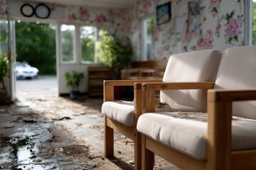 Fototapeta premium An abandoned room with floral wallpaper and wooden chairs covered in dust, capturing a sense of neglect and a fleeting moment in time where life once thrived before.