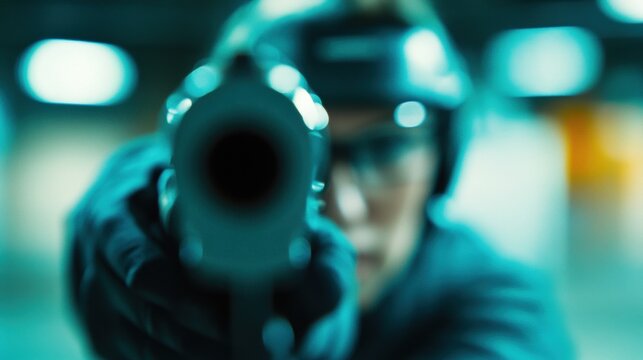 Individual practicing firearm accuracy at a shooting range indoors