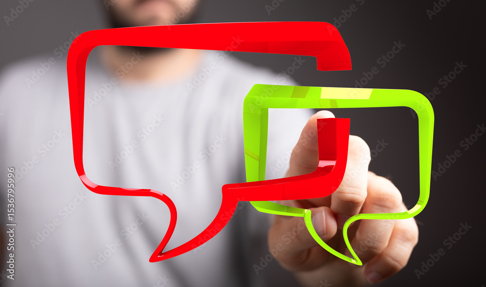 Poster Abstract image of a person interacting with colorful speech bubbles, representing communication and dialogue.