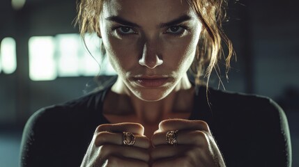 A fit woman in a sports bra hangs from gymnastic rings in a dimly lit training space.