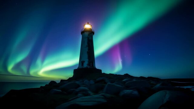 Majestic Lighthouse Under the Aurora Borealis