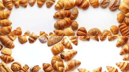 Obraz premium Four frames of assorted baked goods, croissants, breads, and pastries, forming a border around a white background