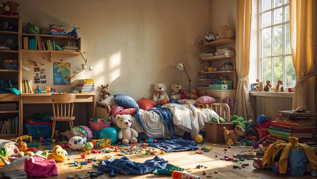 A child's messy bedroom, sunlit from a large window. Toys, books, and clothes are scattered everywhere, creating a chaotic but authentic scene of childhood fun, imagination, play, and everyday life