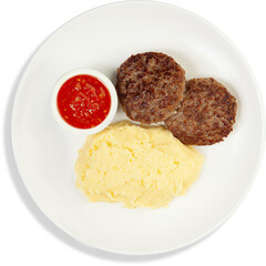 Fried cutlet with mashed potato, lecho in white plate isolated on white background
