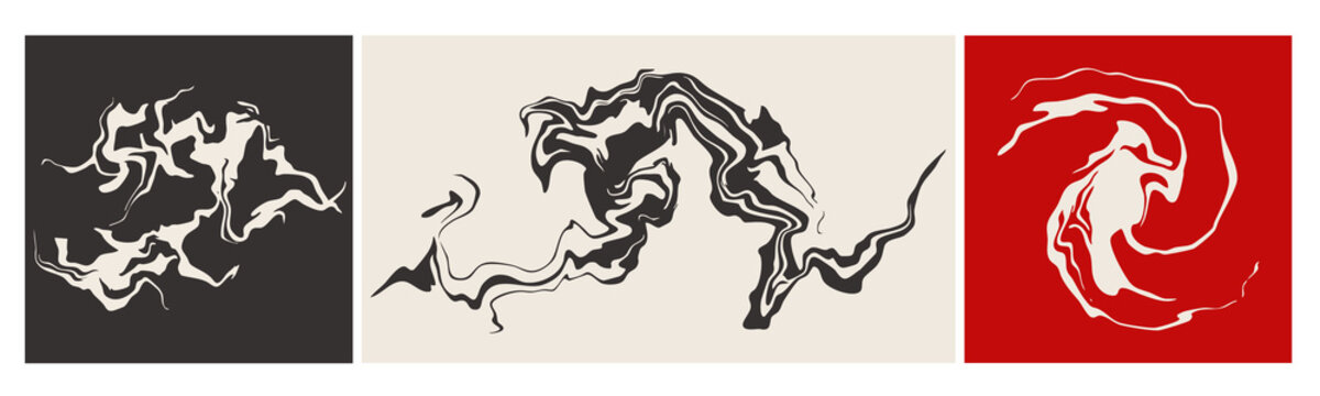 Marble, liquid, petrol stain. Swirled ink, abstract fluid set. Hand drawn modern Vector illustration. Isolated design elements. Print, poster, flyer, tattoo flash, logo, icon templates