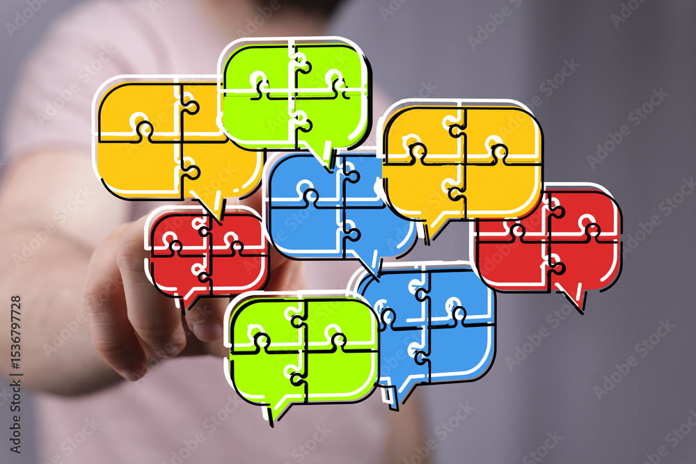 Poster colorful puzzle pieces shaped as speech bubbles represent teamwork, communication, and problem-solvi