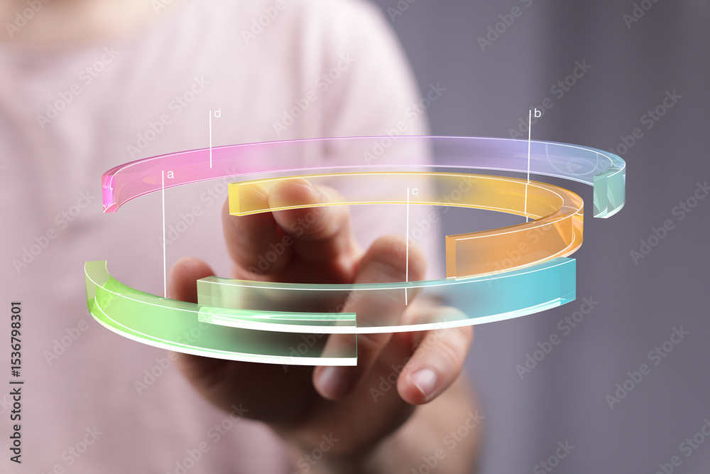 Poster Person interacts with a colorful 3D chart, showcasing data analysis and technology.