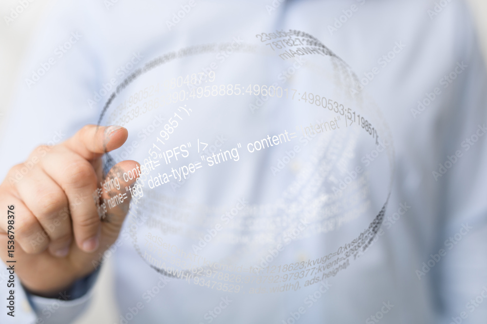 Aufkleber Close-up of a hand interacting with a digital sphere filled with code and data.
