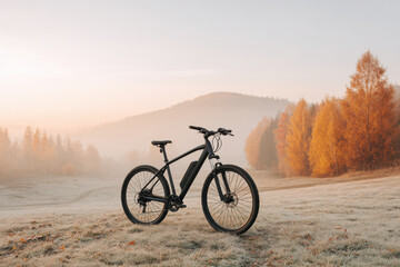 electric bicycle parked in serene field surrounded by colorful autumn leaves illuminated by soft sunlight
