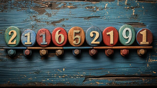 Vintage wooden number train on a weathered blue wooden surface