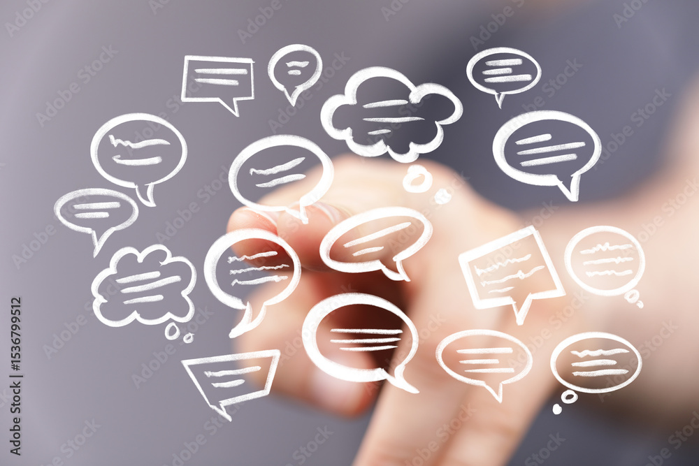 Poster abstract image of speech bubbles and a hand, representing communication, networking, and social medi