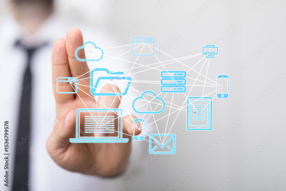 Poster Image depicting a network of connected devices, showcasing cloud computing and data sharing.