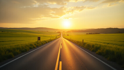Naklejka premium Empty country road at golden hour with green fields all around, no people