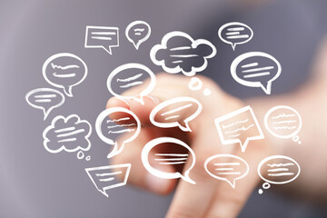 Abstract image of speech bubbles and a hand, representing communication, networking, and social...