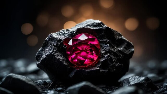 Vivid Ruby Gemstone Nestled in Dark Rock