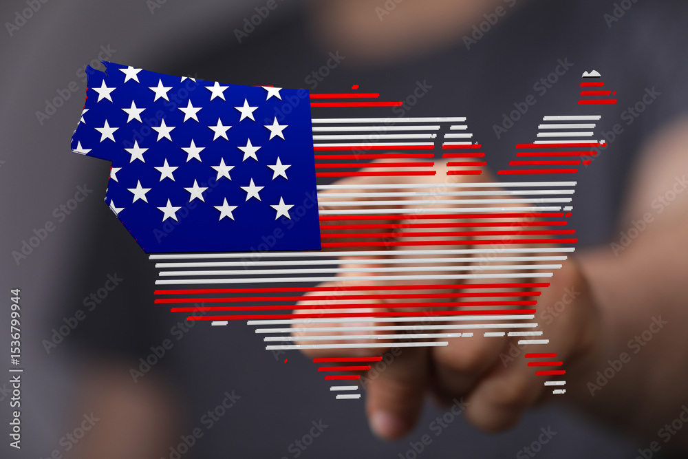 Poster high-quality stock photo of a hand interacting with a digital map of the usa designed with the ameri