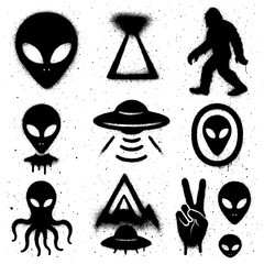 Spray Paint Alien Icons – UFO and Extraterrestrial Symbols with Blood Splatter Effect (Transparent PNG)