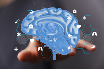 3D model of human brain with medical icons.  Perfect for healthcare, neurology, and medicine.