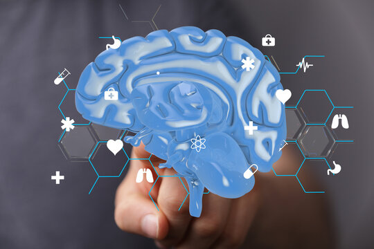 3D brain model with medical icons.  Perfect for healthcare, neurology, and medical concepts. - Powered by Adobe