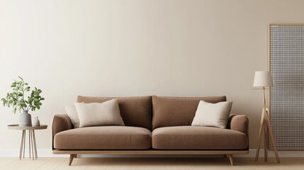Soft-toned living room with sofa, side table with plant, lamp, and patterned art piece