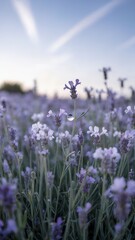 Peaceful lavender flower field sunrise with dew drops, dreamy lavender flower field sunrise in soft light, calming lavender flower field sunrise with morning mist
