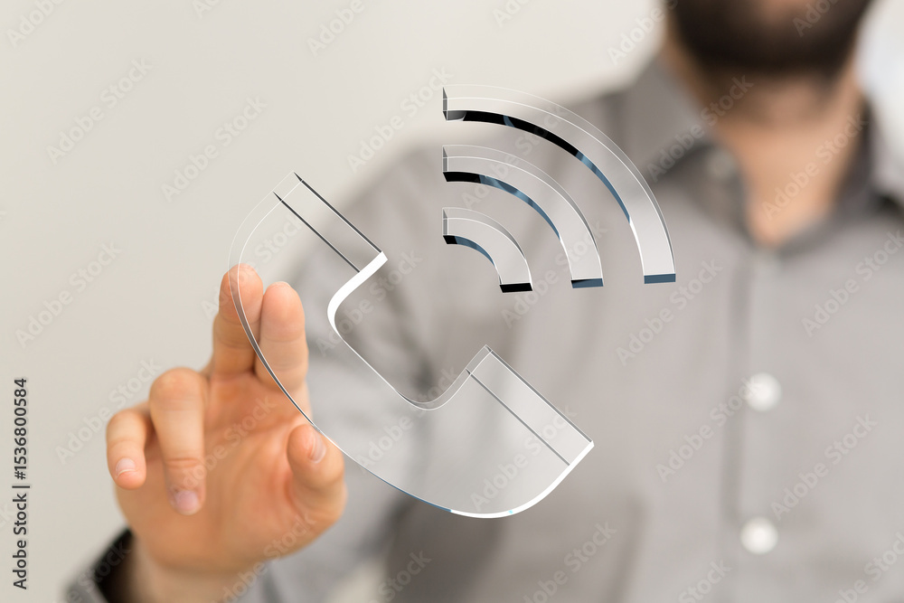 Poster person interacting with a digital phone icon, representing wireless communication and modern technol