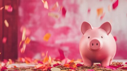 Piggy bank surrounded by colorful confetti and coins for celebration