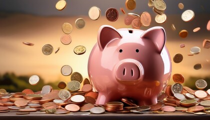 piggy bank surrounded by falling coins