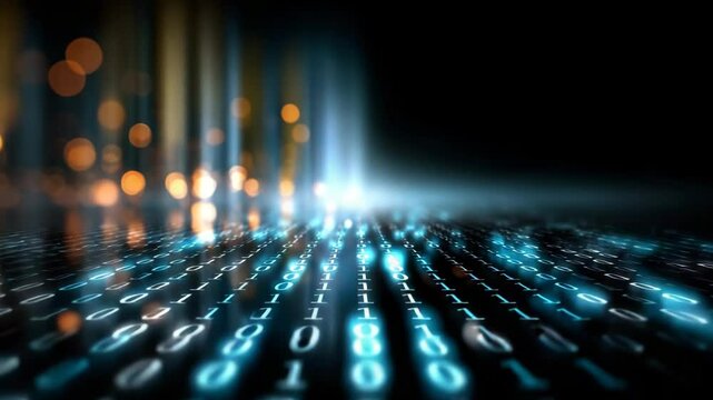 Glowing binary code streams vertically and horizontally in a digital space, representing technology, data transfer, artificial intelligence, cyber, and futuristic concepts. Video for IT, science, and 