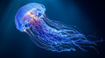 Fototapeta premium Glowing electric blue jellyfish in motion underwater deep sea environment bioluminescent beauty captivating looping animation